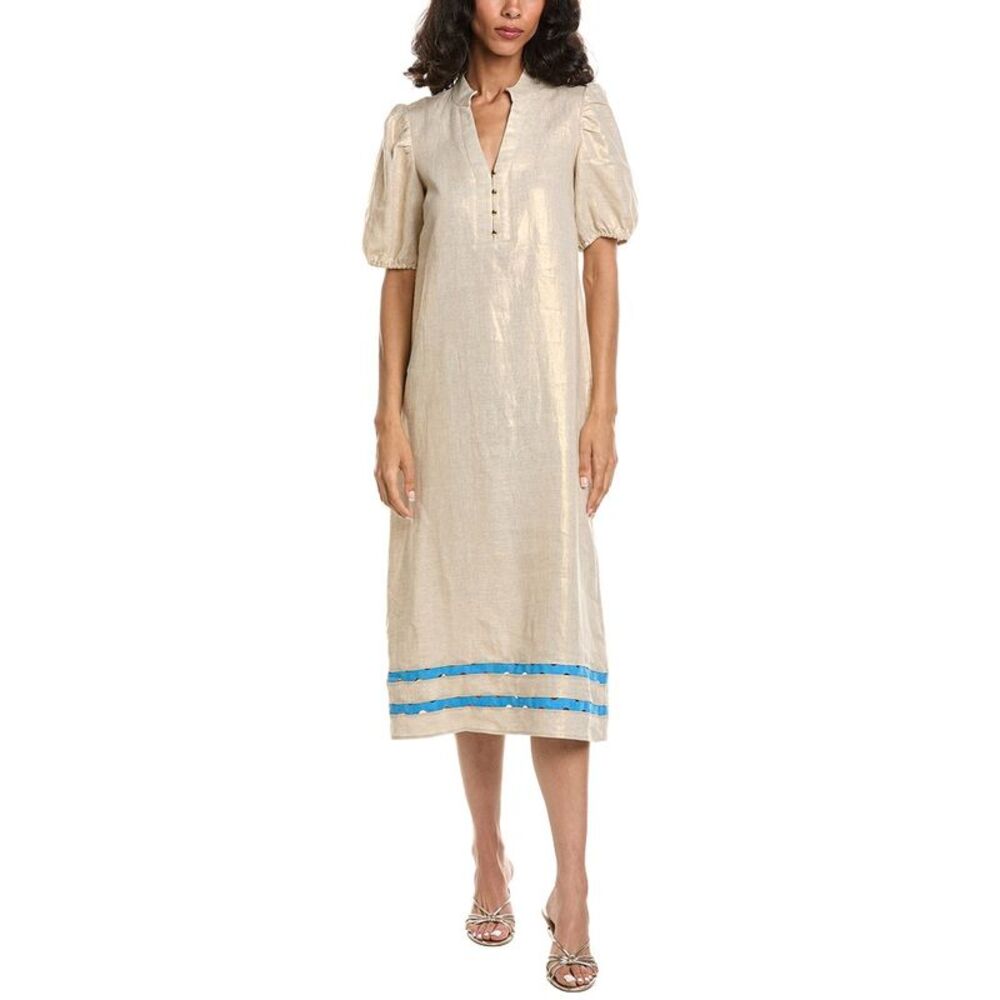 Sail To Sable Womens Puff Sleeve Linen Midi Tunic, Gold